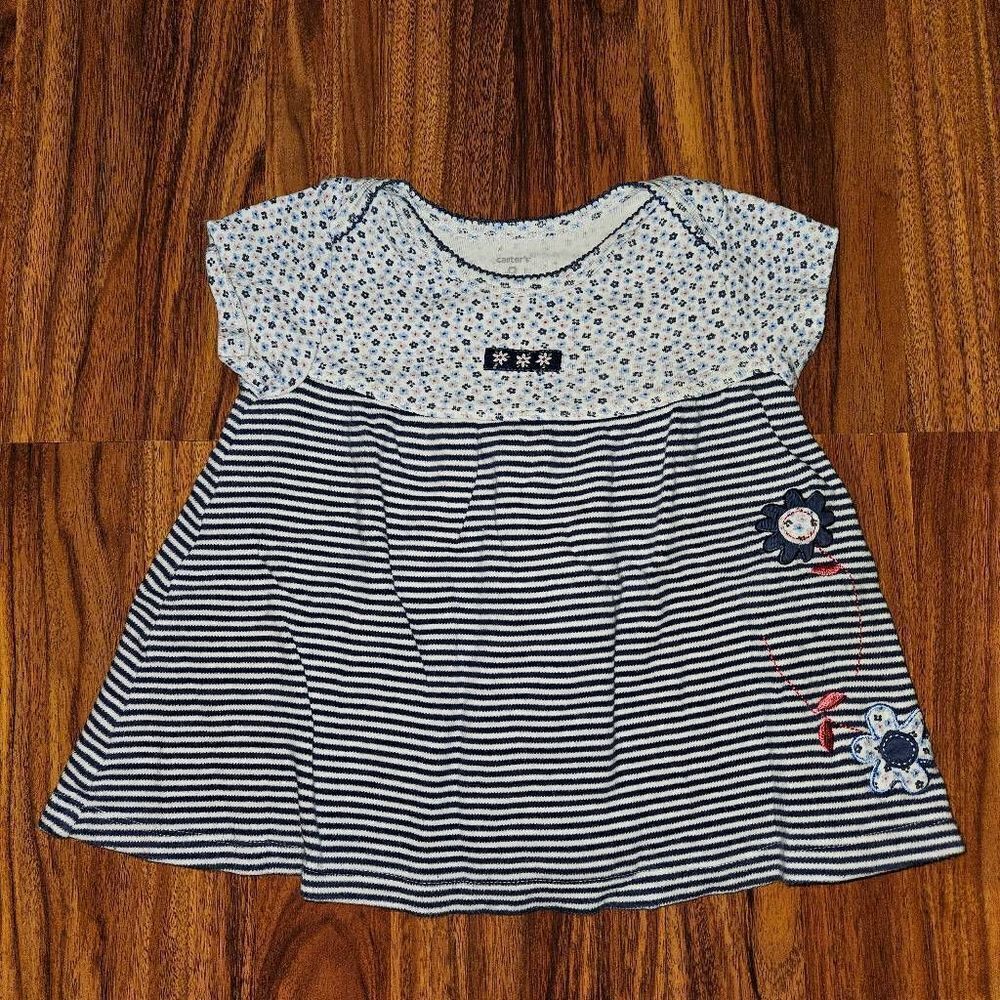 5 For $25 Carter's Blue and White Cotton Striped and Floral Dress Baby Size 9M